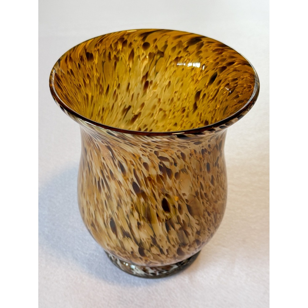 Vintage Tortoise Shell Art Glass Vase Hand Blown Flared Flute Amber Murano Style